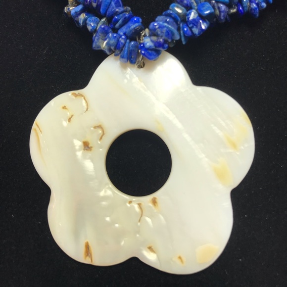 Lapis Lazuli, MOP Flower Pendant 3 Strand Necklace 925 Sterling Silver Clasp EVC - Picture 4 of 8